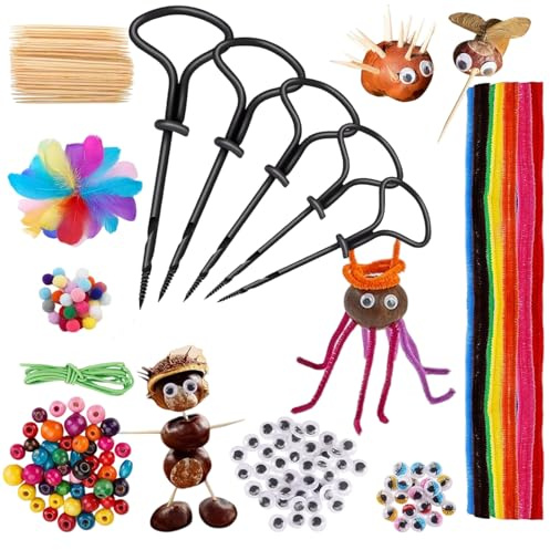 Kastanienbohrer Set Kastanien Bastelset Kinder mit Kastanienhalter zum Basteln mit Kastanien Herbst Kastanienmännchen DIY Set, mit DIY Bastel Zubehör (Style 2)