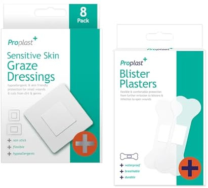 Proplast Sensitive Skin Medical Kit, 8-Pack Graze Dressings, 30-Pack Blister Plasters, Hypoallergenic Waterproof Protection for Small Wounds, 38 Total Pieces