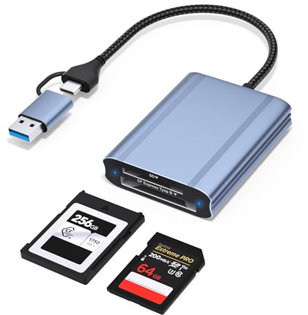 CFexpress Type B and SD Card Reader, USB-C 3.2 Gen 2 10Gbps Transfer Speed, USB-C&USB-A 2-in-1 CFExpress Type B Reader Adapter Aluminum Alloy Compatible with Windows/Mac/Linux/Android