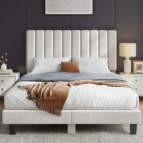 INRE Lit Double 160 x 200 cm avec Sommier à Lattes, Cadre de Lit Rembourré en Velours Blanc Miel, Tête de Lit Réglable en Hauteur, Structure Métallique Stable et sans Bruit, Charge Max 350 kg