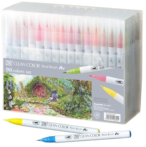 Kuretake Zig Clean Color Real Brush 90 colors set, Brush tip marker pens, for Professional and Artist, coloring, drawing, calligraphy, lettering, Made in Japan