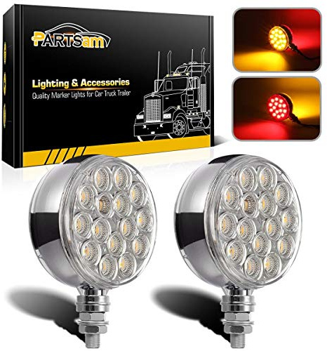 Partsam 2pc 3 Red/Amber Double Face Chrome Round Pedestal Lights 30 LED Sealed Clear Lens Fender Mount Stop Turn Tail Lights Replacement for Peterbilt/Freightliner Trucks Trailers, 10-30V