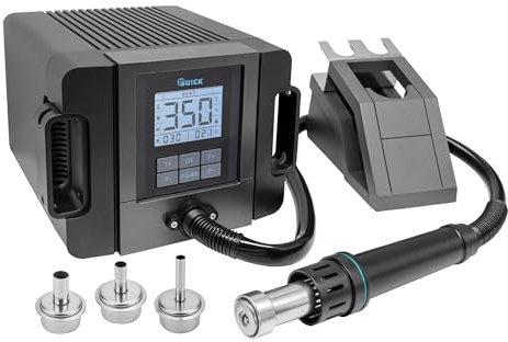QUICK TR1300A - Stazione di saldatura industriale ad aria calda regolabile digitalmente, 1300 W, intervallo di temperatura 100-500 °C, SMD, funzione di calibrazione, standby, display LCD