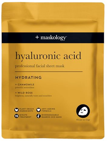 MASKOLOGY HYALURONIC ACID Professional Face Sheet Mask Pack of 1 | Anti Aging Face Mask | Hydrating Face Masks Skincare | Chamomile & Wild Rose | 100% Plant Based |