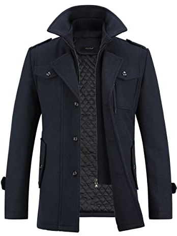 YOUTHUP ullrock med normal passform i militärstil för män, vinterjacka, trenchcoat, höftlängd, tjock, vardaglig, skepparkavaj, Navy-tjock, XL