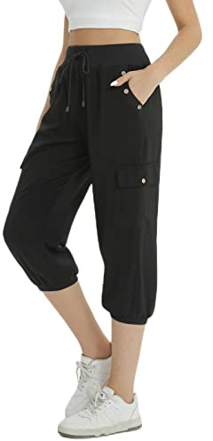 fuinloth 3/4 Hose Damen, Sommer Caprihose Dreiviertel Cargo Hosen Frauen Gummizug Leicht Schwarz L 38-40