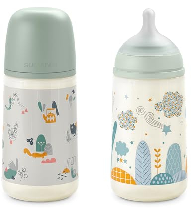 Suavinex, Set 2 Biberon Anti-Colica da 270 ml, Kit Biberon con Tettarella Fisiologica in Silicone SX Pro, Flusso Medio (M), con Valvola Anti-Colica, per Bambini +3 Mesi. Blu e verde