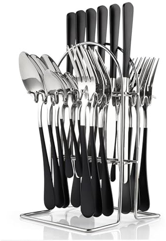 Flatware Set with Stand, 24 Pieces Stainless Steel Cutlery Set with Holder, Knife Fork Spoon Hanging Flatware Setfor 6 Person, Modern Kitchen Eating Utensils Set (Black)