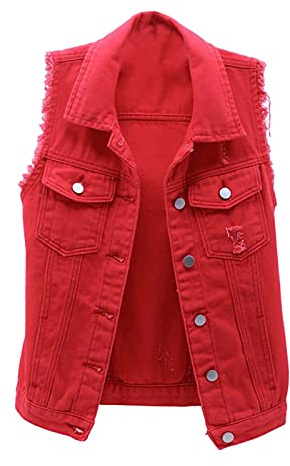 Jeansväst dam överdimensionerad motorcykelväst dam jeans, fritidsväst sommar denim västar med fickor arbetsväst enfärgad bikerväst revers jeansjacka väst lös fiskarväst denimjacka, röd, 3XL