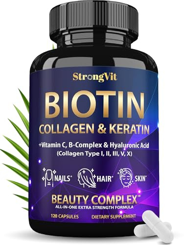 StrongVit Biotin with Hyaluronic Acid, Keratin, and Collagen Supplements - Hair Growth Vitamins for Women, Healthy Nails and Skin, B1, B2, B3, B6, B7 Complex, USA (120 Capsules)