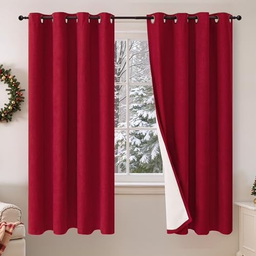 Lajode Red Christmas 100% Linen Blackout Curtains 63 Inch Long 2 Panels, Thick Heavy Thermal Insulated Cold Blocking Noise Reducing Window Curtains for Winter Decoration, Each 52x63 Inch 2 Panels