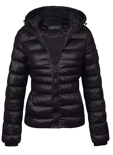 shelikes Womens Winter Jacket Ladies Padded Quilted Coat Glossy Puffer Hooded Warm Jackets Black