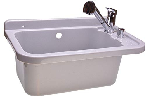Ausgussbecken Haushaltswaschbecken Waschtrog mit Batterie Armatur Seifenspender Kunststoff Waschbecken Spülbecken mit Seifenspender, Siphon, inkl. Zubehör, Waschraum, Weiß Waschtisch (60.0, Weiß)