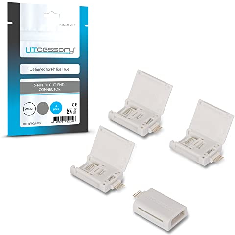 Litcessory 6-Polig auf Gekürztes Ende Verbinder für Philips Hue Lightstrip Plus (4 Stück, Weiß - MIKRO 6-POLIG V4 / Solo Lightstrip)