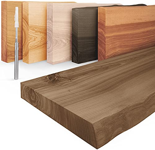 LAMO Manufaktur Schweberegal Holz mit unsichtbarer Befestigung | Wandregal 120 cm breit für Wohnzimmer, Home Office | Farbe: Nussbaum, Kante: natürlich | Massivholz, modernes Design, Schwebende Optik