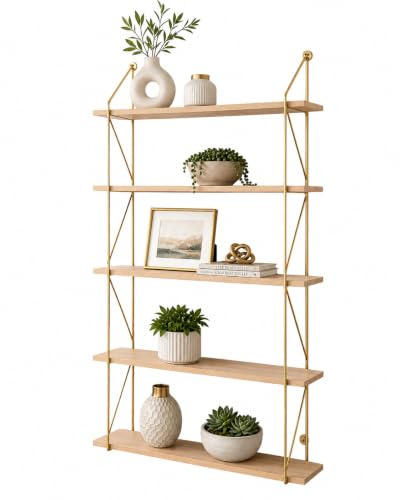 spot on dealz® 5 Tier Modern Gold floating decorative hanging shelves with MDF Oak wood and metal wire frame bookshelves industrial wall mounted display shelving unit, Living Room furniture