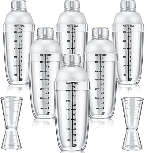 8 Pcs Plastic Cocktail Shaker Set 6 Pcs 24 oz Drink Shaker 2 Pcs Double Measuring Jigger Clear Plastic Bottle Tea Drink Mixer Cocktail Measuring Cup for Kitchen Bar Party Tools