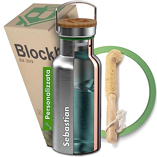 Blockhütte Personalised Water Bottle I Stainless Steel Water Bottle Insulated I 500ml, BPA Free, Thermal Leakproof Metal Water Bottle, Dishwasher Safe Flask Bottle, with Natural Cleaning Brush