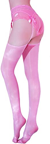 HTRUIYATY Women's Suspenders Integrated Stockings Oily Shiny Silky Sexy Suspenders Tights Pantyhose 8 Denier Pink