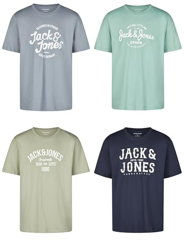 JACK & JONES JJLINO - Maglietta da uomo, vestibilità normale, confezione da 4 pezzi, scollo rotondo, a maniche corte, estiva, stampa nero, bianco, verde, rosso, blu, grigio, S, M, L, XL, XXL, 3XL