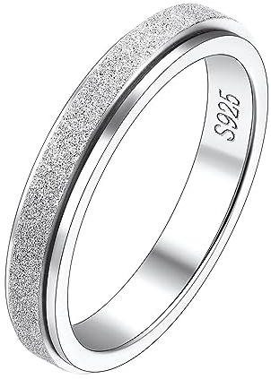 Suplight Anti Stress Ring Silber 925, Damen Fidget Fingerring, Herren Drehbarer Spinnerring, Sandgestrahlt, Dekompressionsringe mit Geschenkebox für Geburtstag Valentinstag, Größe 59