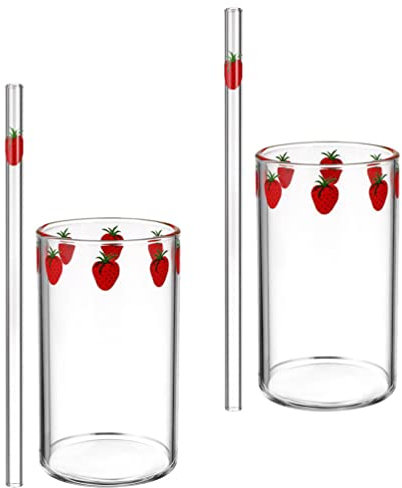 Ciieeo Lot de 2 gobelets à fraise en verre avec paille - Jolis gobelets transparents mignons - Bouteille de lait - Eau - Jus - Smoothie - Pour jus, eau, lait, café, thé