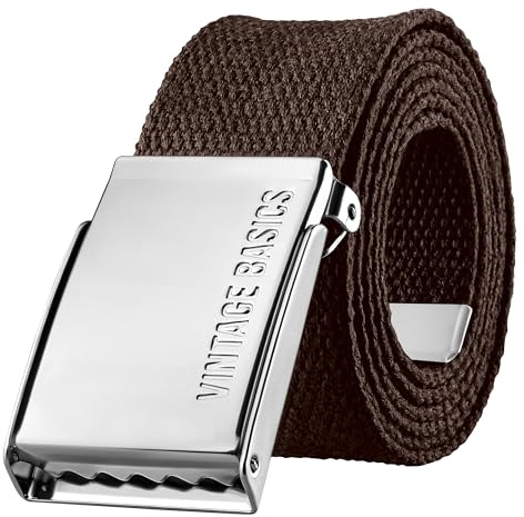 VINTAGE BASICS Ceinture en tissu unisexe de 130 cm de long et 3,8 cm de large - Ceinture pour homme et femme - Ceinture réglable en continu - Boucle en métal, marron, taille unique