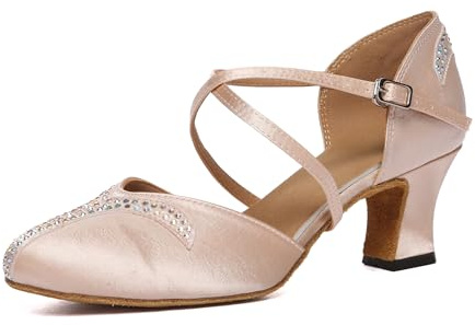 MINITOO Women's Latin Salsa Ankle Strap Closed Toe Satin Dance Shoes L617 Nude 6cm Heel UK 6