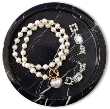WORHE Natürlicher Marmor Tablett für Ringe und Schmuck Schale, 5,9-Zoll-Runde dekorative Tablett, Marmor Tablett für Küche, Eitelkeit, Bad, Home Décor - Schwarz