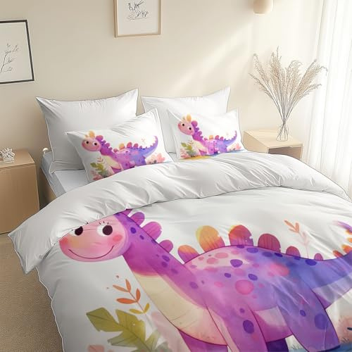 XCQHZYQ Housse de Couette Enfant Réversible Blanc 90x190 cm Dinosaure Aquarelle Dessin animé Violet Parure de Lit en Polycoton Linge de Lit pour Adulte Adolescents Garçons Filles Chambre Décor