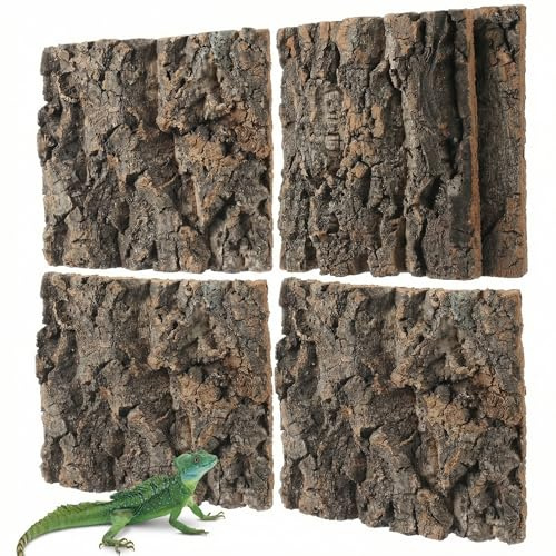 HEMOTON 4 Pcs Natural Reptile Cork Bark Squares, Reptile Vivarium Background Wall Decor, Terrarium Climbing Wood Log for Tortoise, Gecko, Bearded Dragon, Snake, Spider Tank Accessories, 15x15cm