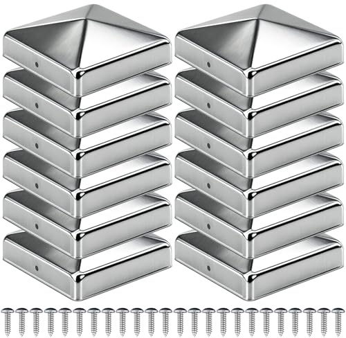 Scettar Tapones para postes de 9 x 9 cm, 12 unidades con 24 tornillos, tapas de metal galvanizado en forma de pirámide, tapas para postes de madera, tapas protectoras resistentes a la intemperie