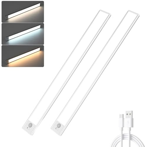Bizcasa 40CM Luce Armadio LED,2Pezzi Luce LED Sottopensile Cucina con Sensore di Movimento,3 Temperature di Colore,Regolazione Luminosità,USB Ricaricabile Senza Fili,per Cucina,Armadio,Corridoio