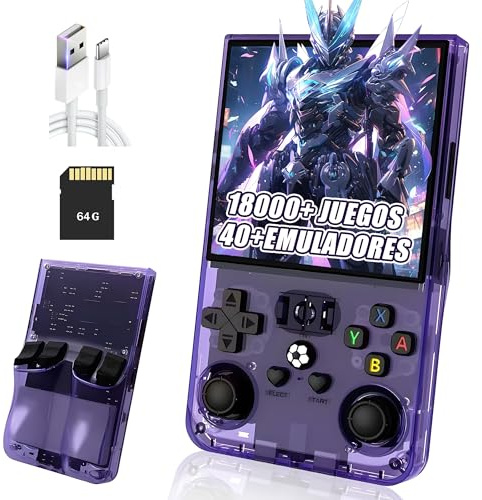 R36MAX Consola de Juegos Portátil Retro Consola portatil,18000+ Juegos,40+ Emuladores,4000mAh,Pantalla IPS de 4″ Consola retro portatil,Sistema Linux de código Abierto (Morado transparente-64G)