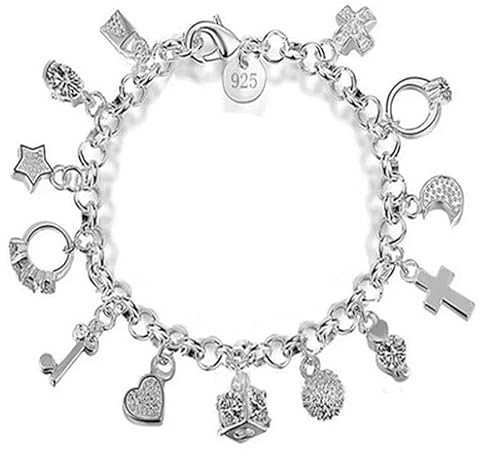 SBHXTDM 925 Sterling Silver Charm Bracelet with Multiple Pendants, Cross Star Heart Moon Crystal Charms, Chain Link Style