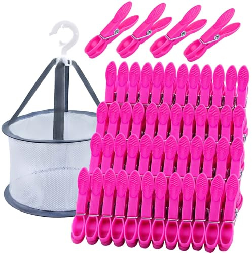 KEYBOO 48 stycken rosa tvättklämmor med korg, vindtåliga färgglada klämpåsar för tvättklämmor, plastklädklämmor utan avtryck sockklämmor för tvättlina och kläder, strumpor