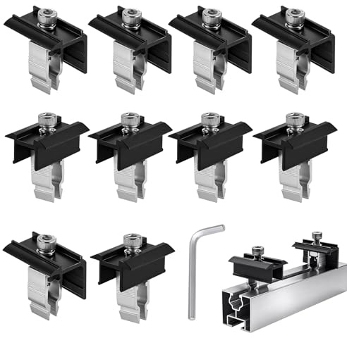 EXLECO 10 x Soporte para Panel Solar de 30 - 45mm, 5 Abrazaderas Medias y 5 Abrazaderas de Extremo, Fijación para Módulos Fotovoltaicos, Soporte Placas Solares de Aluminio en Perfil de Rail, Negras