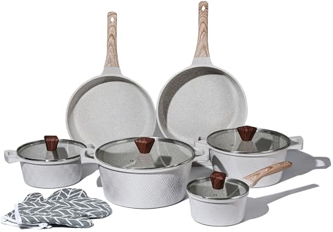Royal Swiss Juego de cocina de 12 piezas de aluminio con revestimiento antiadherente de mármol, para inducción, gas, eléctrico y cerámica, tapa de cristal con salida de vapor, sin PFAS, apto para