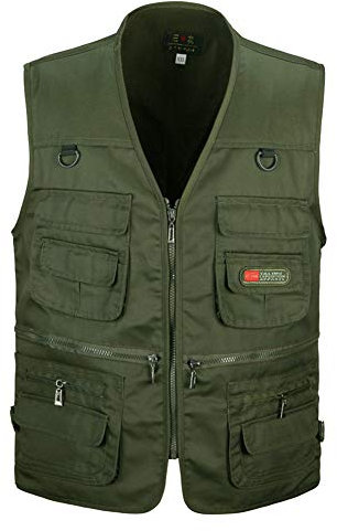 AnyuA Herren Anglerweste Arbeitsweste Colore Solido, Multitaschen Design, mit Reißverschluss Fotografieren Armee-Grün 3XL