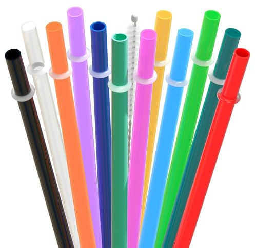 Dakoufish 8 Inch Reusable Plastic Short Straws for 16oz 20oz Tumblers and Cups,Replacement Hard Straws Set of 12 Pcs With 1 Cleaning Brush,Dishwash safe (8inch,12color)