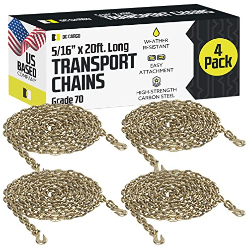 DC Cargo Tie Down Transport Chains - Heavy Duty Tow Chain with 5/16 Grade 70 Chain, Log Chain Hooks, G70 Load Binder Chain is 20 ft Long, 4,700 lbs WLL (Pack of 4)