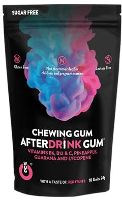 WUGUM Chicle AfterDrink - Chicle Funcional para Revitalizar Mente y Cuerpo - Alivia Resaca, Dolor de Cabeza y Cansancio - Sabor Frutos Rojos - Recomendado 2 Chicles/día - 10 Chicles​