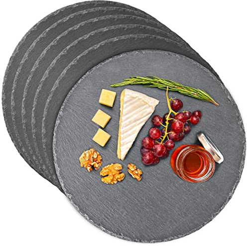 Praknu Plato de Pizarra Redondo de 30 cm - Juego de 6 - Para Servir o Decorar - Pizarra Natural - Antideslizante