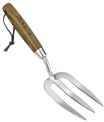 Garten Handgabel, Hand Unkrautgabel mit scharfer Zinke zum einfachen Entwurzeln großer Unkräuter, Edelstahl Gartengabel, Komfortabler Griff Holzgriff Handgabel für schnelles Jäten, Lockern des Bodens