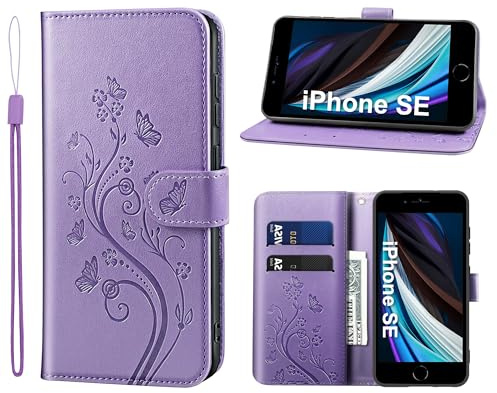 KRAFTCARE Lederhülle für iPhone 7/8/SE Klapphülle Leder Hülle | Premium PU Leder mit Prägung, Kartenfach, Ständer, Magnetic Closure, RFID Blockierung, Flip Wallet Handyhülle, Lila