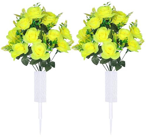 Lodou Künstliche Friedhofsblumen, Gedenkblumen, Blumenstrauß mit Friedhofsvase, Grabdekorationen, Rosen für Friedhofssteine, Dekoration, Gelb, 2 Sets