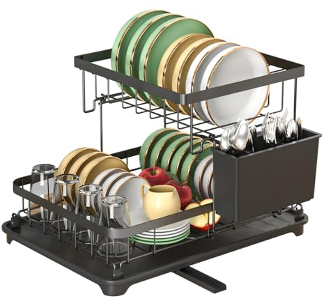 E-MANIS Escurreplatos,Pequeño Escurridor de Platos de 2 Niveles,Escurridor de Platos para Fregadero con Drenaje Automático Tamaño 34 x 22 x 26 cm （Compre según Las Necesidades de tamaño）