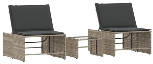 Makastle 2er-Set Gartenliege, Sonnenliege mit Kissen und Tisch, Wetterfest Verstellbar Rückenlehne Liegestuhl Garten Relaxliege, Hellgrau Poly Rattan