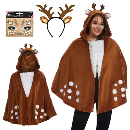 JONRRYIN Costume Renna Donna, Cerchietto Con Corna, Vestiti Mantello, Travestimento per Carnevale, Cosplay, Halloween, Festa A Tema (Renna-B)