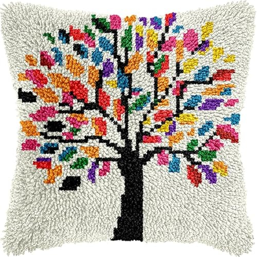 WallustrioaW Knüpfkissen Set Ein bunter Baum,Knüpfkissen Set für Anfänger Erwachsene oder Kinder zum Selber Knüpfen,DIY Knüpfteppich Knüpfpackung,43x43cm
